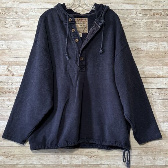 Vintage Abercrombie & Fitch Mens XL Blue Heavyweight Pullover Hoodie Button Neck - Picture 1 of 11